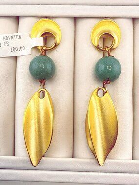 Designer Earrings Aventurine Runway 80s Statement Saks 5th Ro-Do Green Gold Tone